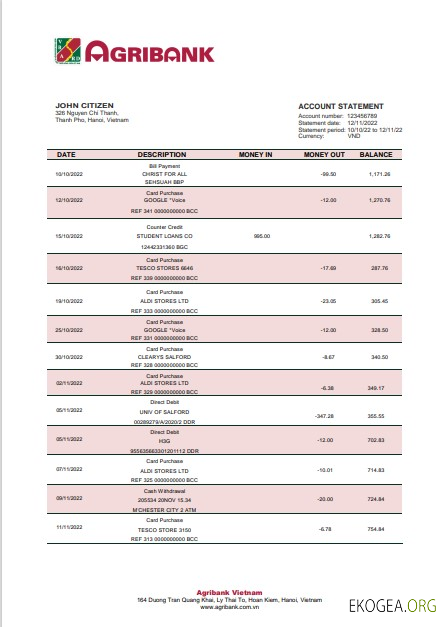 Modèle de relevé bancaire Vietnam Agribank au format Word et PDF